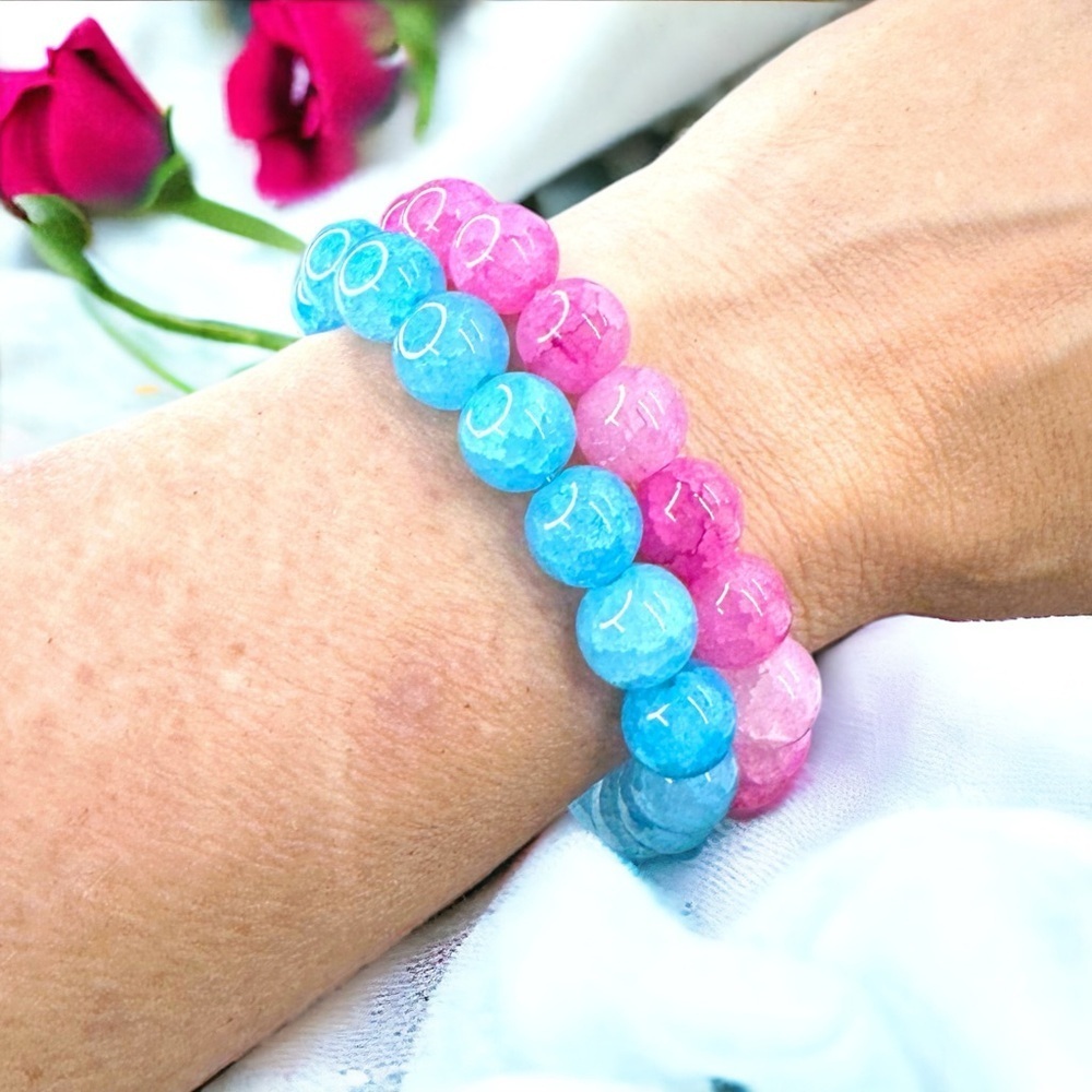 Gender Reveal Accessories Set of 2 Stretchy Bracelets - 1 Pink & 1 Blue - Picture 4 of 7
